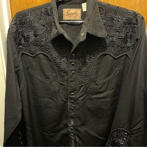 Scully Black Gunfighter Embroidered Pearl Snap Western Shirt